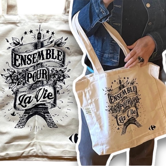 Paris NWT tote bag canvas new shopping “Ensemble pour La Vie” Eifel tower - Picture 4 of 11